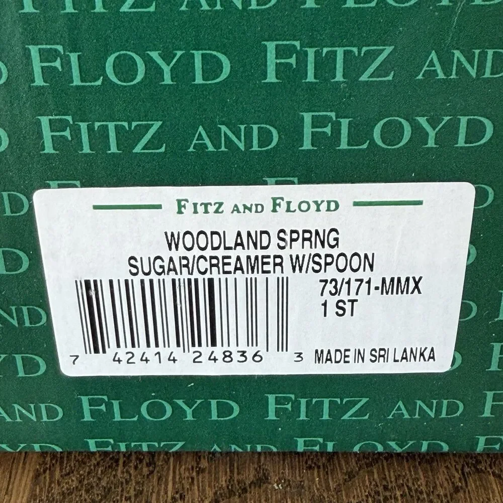 Fitz and Floyd Classics Woodland Spring Sugar Creamer Set Lid Spoon Box Vintage